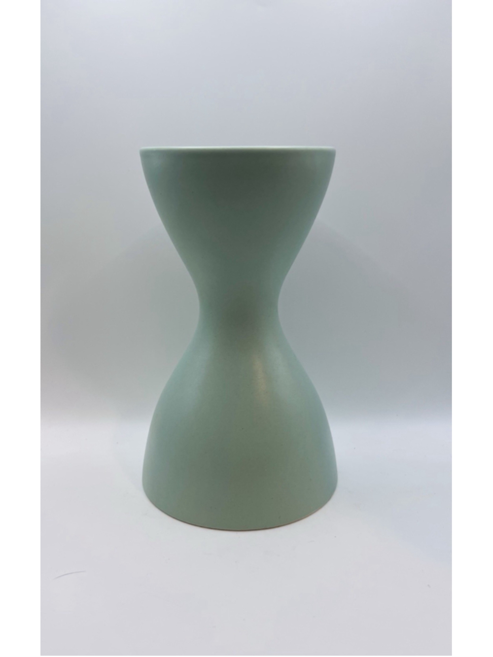Vintage IKEA Romanian Ceramic Diablo Hourglass Vase MCM Style Mint Green 7.5”